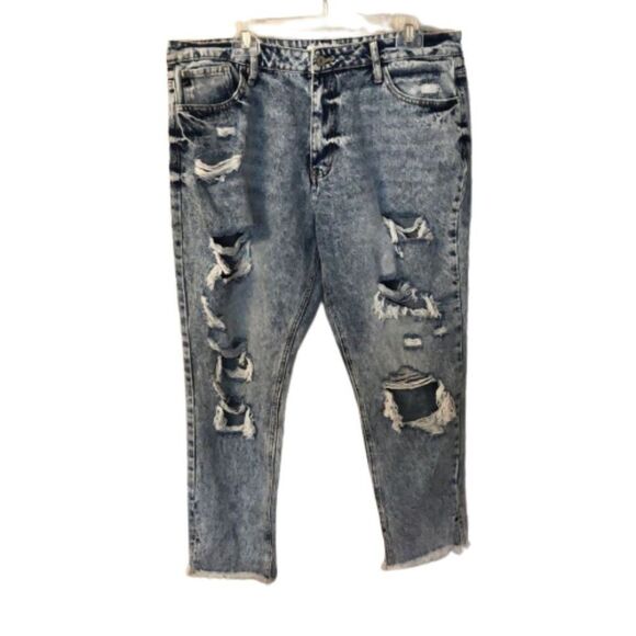 KANCAN 15/31 AMY HIGH RISE MOM ACID WASH DISTRESSED RAW HEM STRETCH DENIM JEANS - Picture 5 of 11